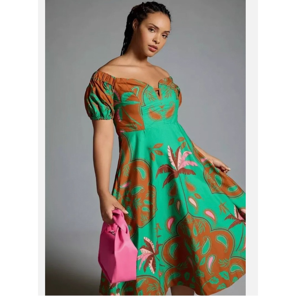 Maeve Anthropologie EUC Puff Sleeve Sweetheart Fit Flare Bold Palm Print Dress 8